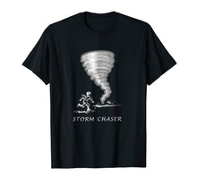 Load image into Gallery viewer, Funny Storm Chasing T-Shirt With Man Running Toward Tornado