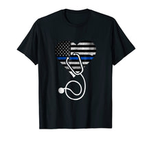 Load image into Gallery viewer, American Flag Heart with Police Thin Blue Line Nurse T-Shirt