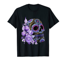 Load image into Gallery viewer, Purple Floral Black Sugar Skull Day Of The Dead T Shirt