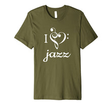 Load image into Gallery viewer, I Heart Jazz T Shirt Love Treble Bass Clef Music