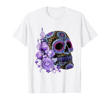 Load image into Gallery viewer, Purple Floral Black Sugar Skull Day Of The Dead T Shirt