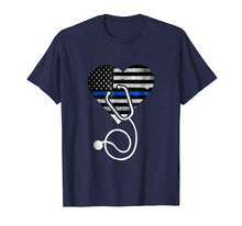 Load image into Gallery viewer, American Flag Heart with Police Thin Blue Line Nurse T-Shirt