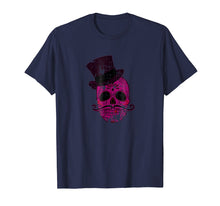 Load image into Gallery viewer, Funny Distressed purple skull top hat & moustache tee shirt