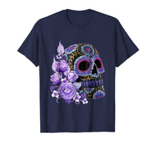 Load image into Gallery viewer, Purple Floral Black Sugar Skull Day Of The Dead T Shirt