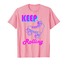 Load image into Gallery viewer, Neon 80s Keep Rolling Hobbies Roller Skate tee shirt