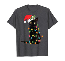 Load image into Gallery viewer, Santa Black Cat Wrapped Up In Christmas Tree Lights Holiday T-Shirt
