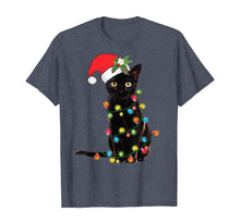 Load image into Gallery viewer, Santa Black Cat Wrapped Up In Christmas Tree Lights Holiday T-Shirt