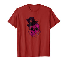 Load image into Gallery viewer, Funny Distressed purple skull top hat & moustache tee shirt