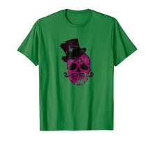Load image into Gallery viewer, Funny Distressed purple skull top hat & moustache tee shirt