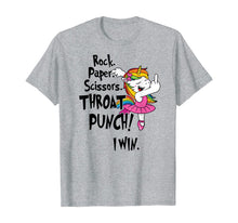 Load image into Gallery viewer, Rock paper scissors throat punch I win unicorn T-Shirt