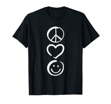 Load image into Gallery viewer, Peace Love and Happiness T-Shirt Peace Sign, Heart, Smile
