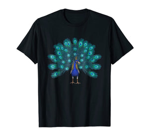 Blue Peacock Print T-Shirt Teal Feathers Clothes