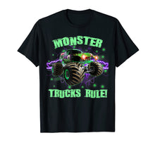 Load image into Gallery viewer, Monster Trucks Rule Bright Green Kids Christmas Gift Shirt
