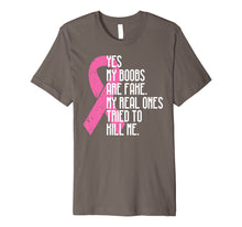 Load image into Gallery viewer, Breast Cancer Awareness Month Yes My Boobs Are Fake T-Shirt

