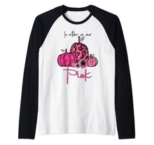 Load image into Gallery viewer, In October We Wear Pink Pumpkin Breast Cancer Halloween Raglan Baseball Tee
