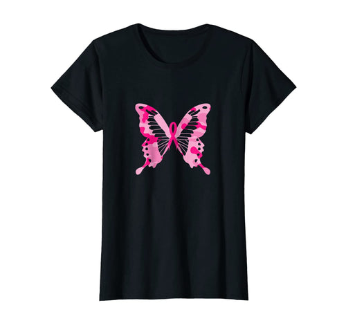 Womens Pink Ribbon Camouflage Butterfly Breast Cancer T-shirt