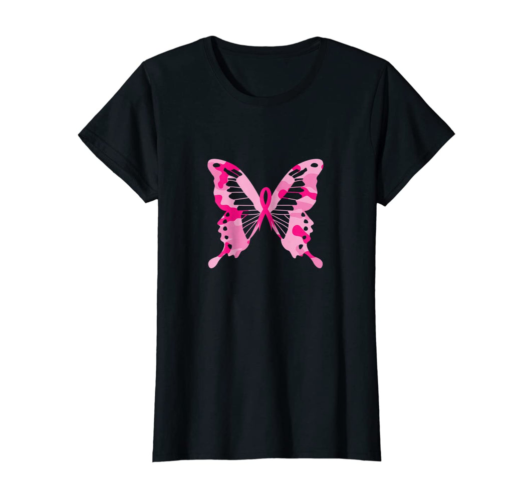 Womens Pink Ribbon Camouflage Butterfly Breast Cancer T-shirt