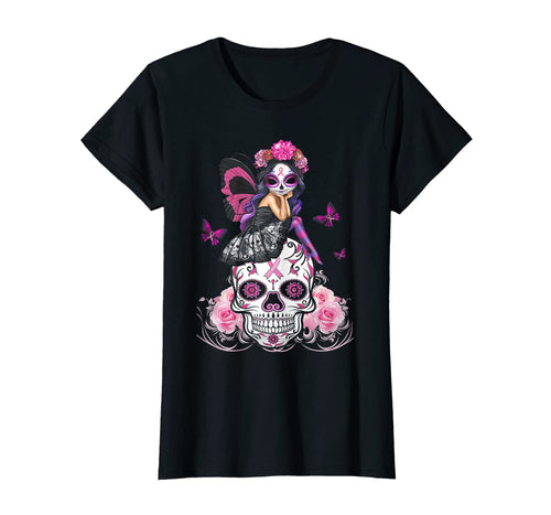 Cute Fairy Sugar Skull Breast Cancer Butterfly Pink Ribbon T-Shirt