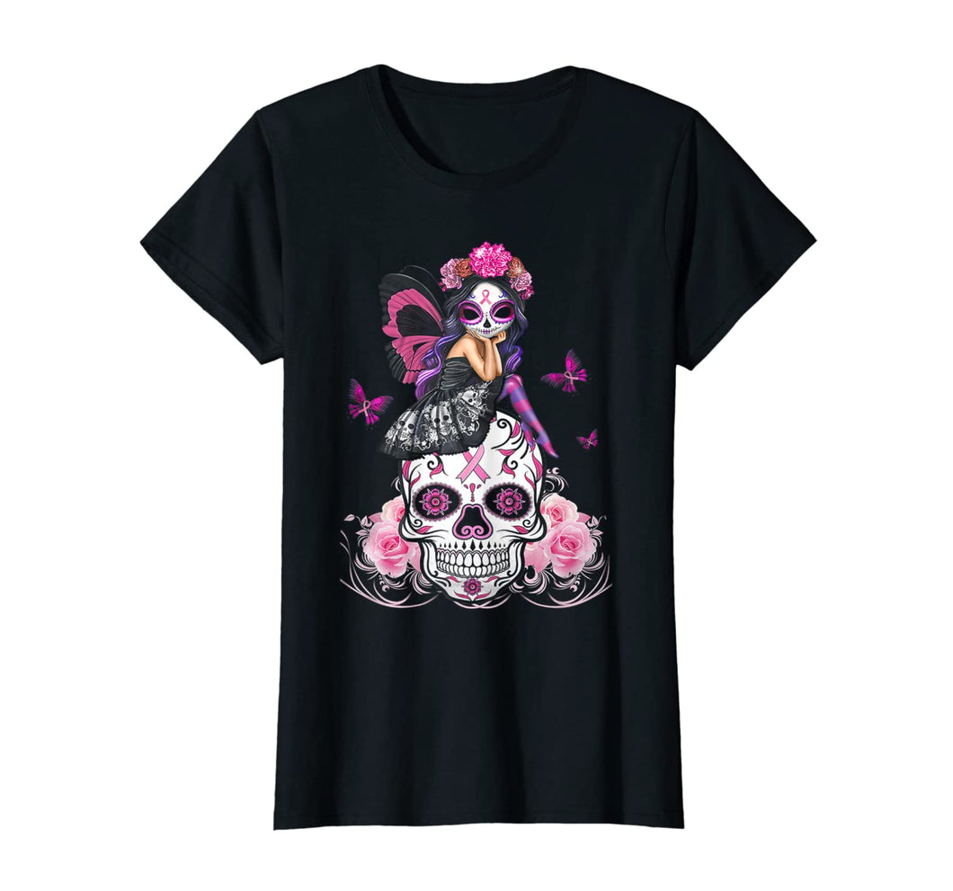 Cute Fairy Sugar Skull Breast Cancer Butterfly Pink Ribbon T-Shirt