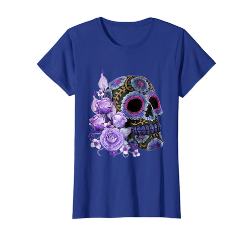 Purple Floral Black Sugar Skull Day Of The Dead T Shirt