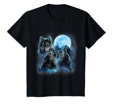 Load image into Gallery viewer, T-Shirt Three Wolves Howling Under Icy Full Moon, Gray Wolf
