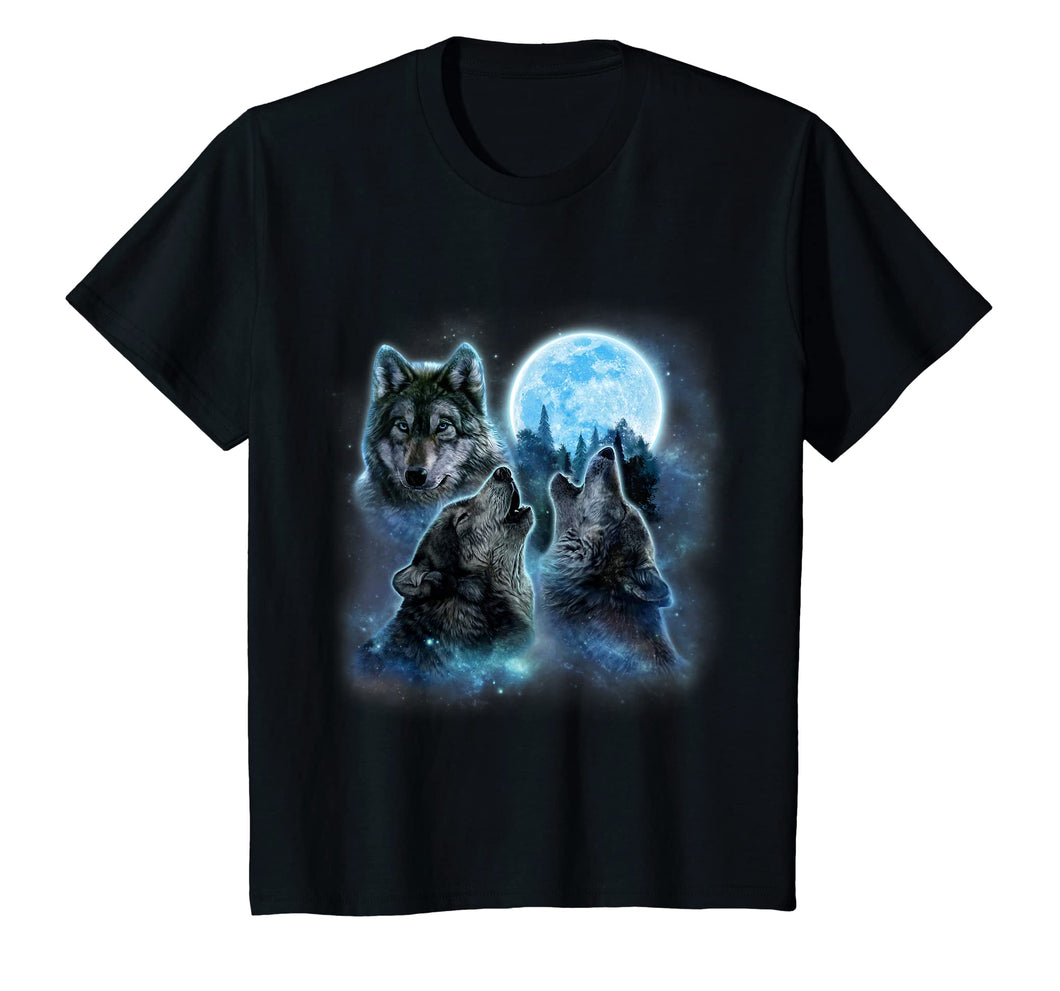 T-Shirt Three Wolves Howling Under Icy Full Moon, Gray Wolf
