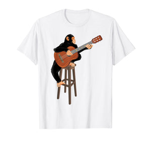 Chimpanzee playing acoustic guitar. Funny monkey t-shirt.