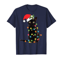 Load image into Gallery viewer, Santa Black Cat Wrapped Up In Christmas Tree Lights Holiday T-Shirt
