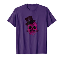 Load image into Gallery viewer, Funny Distressed purple skull top hat &amp; moustache tee shirt
