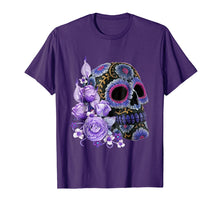 Load image into Gallery viewer, Purple Floral Black Sugar Skull Day Of The Dead T Shirt
