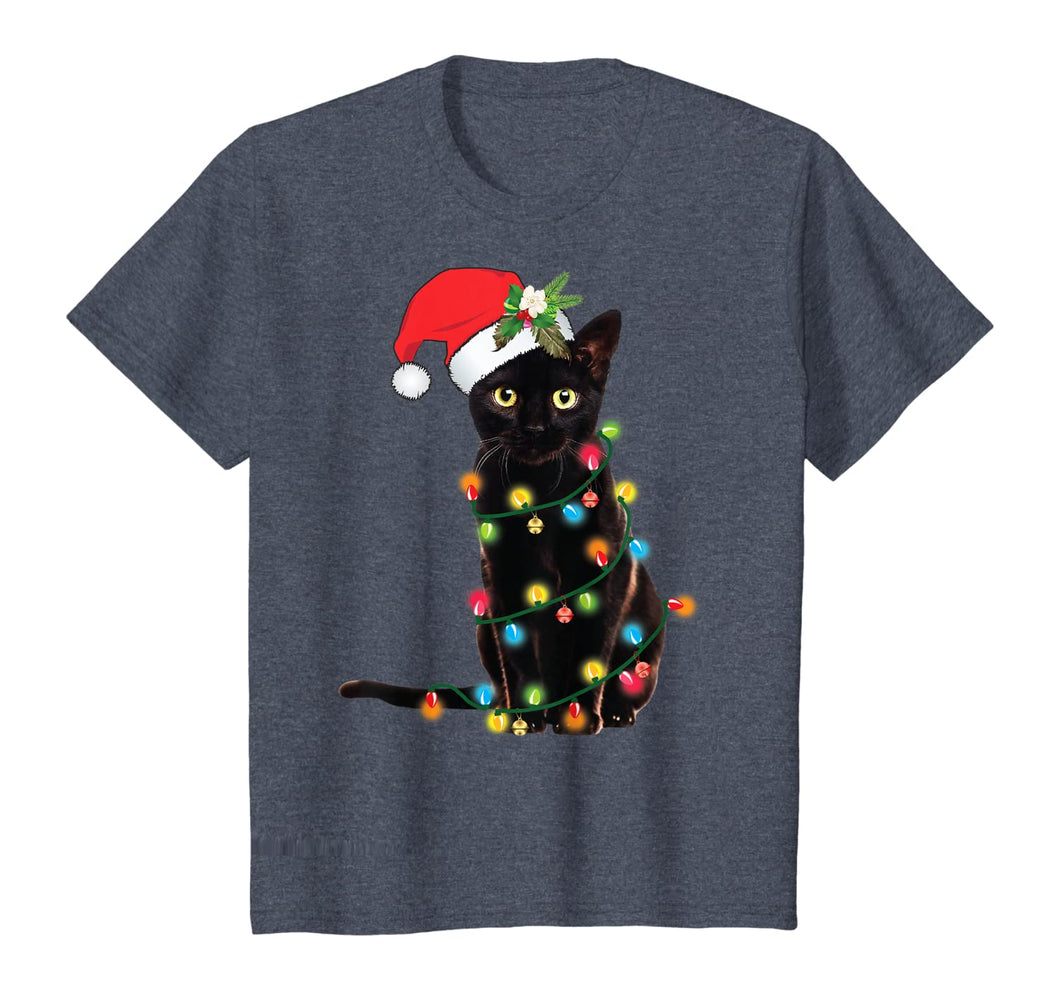 Santa Black Cat Wrapped Up In Christmas Tree Lights Holiday T-Shirt