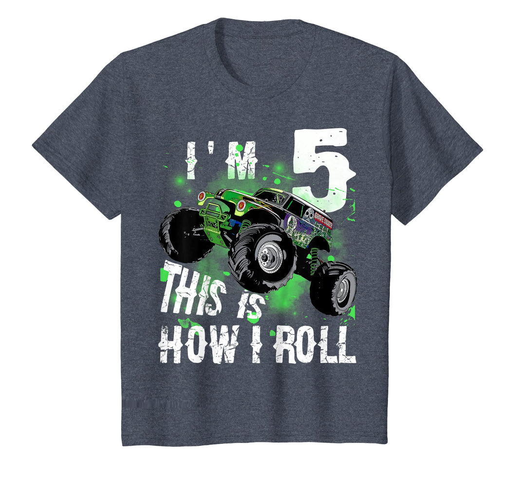 Kids Monster Truck I'M 5 THIS IS HOW I ROLL T-Shirt 5th Birthday