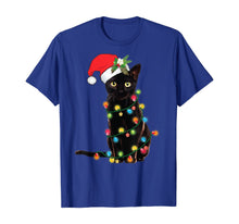 Load image into Gallery viewer, Santa Black Cat Wrapped Up In Christmas Tree Lights Holiday T-Shirt

