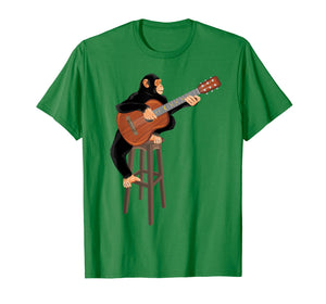 Chimpanzee playing acoustic guitar. Funny monkey t-shirt.