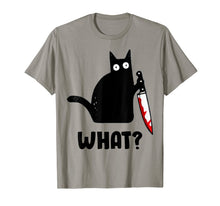 Load image into Gallery viewer, Cat What? Funny Black Cat Shirt, Murderous Cat With Knife T-Shirt
