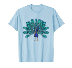 Blue Peacock Print T-Shirt Teal Feathers Clothes