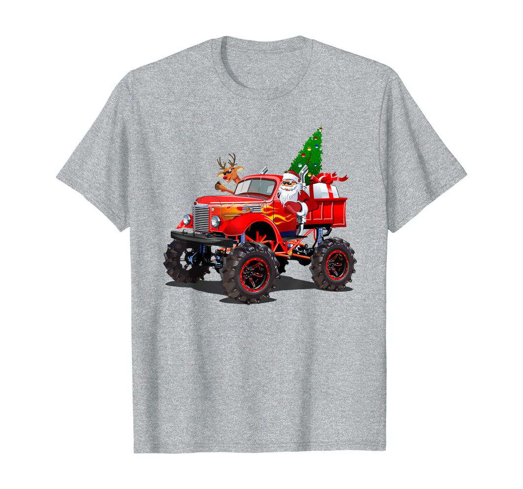 Monster Red Truck With Santa, Christmas Tree, Reindeer T-Shirt