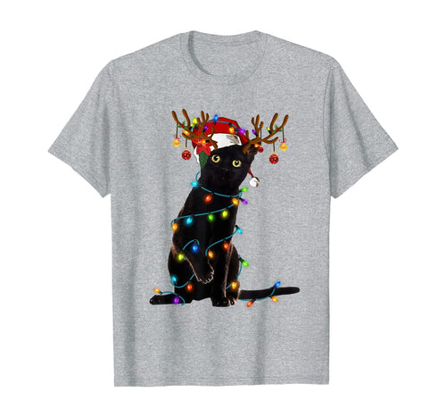 Black Cat Christmas Light T Shirt Funny Cat Lover Christmas T-Shirt