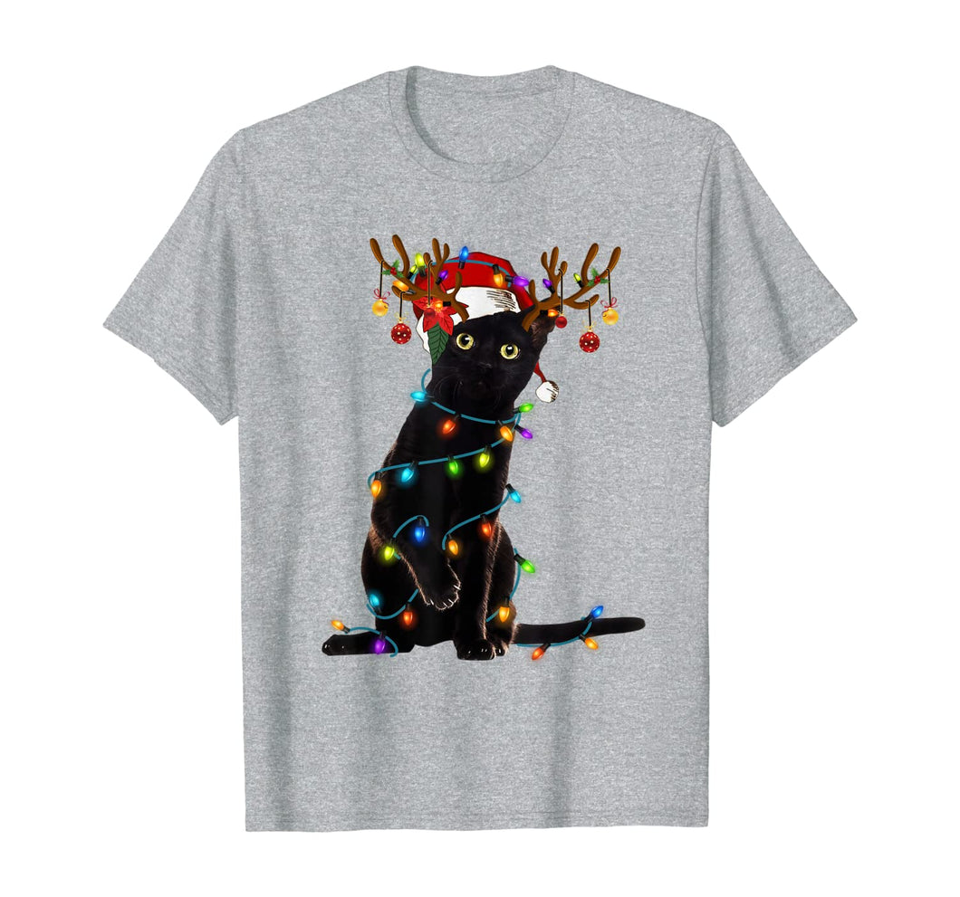 Black Cat Christmas Light T Shirt Funny Cat Lover Christmas T-Shirt